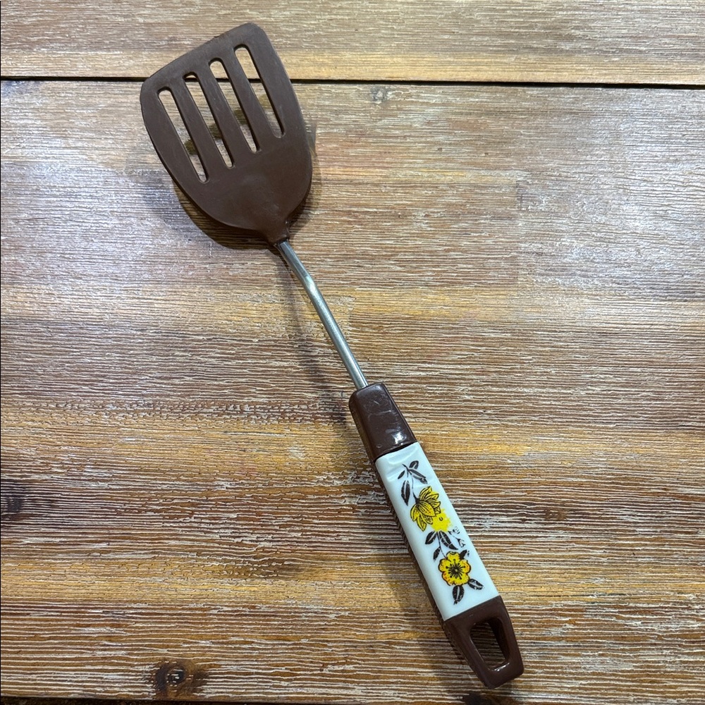 Vintage Brown and Yellow Floral Slotted Spatula